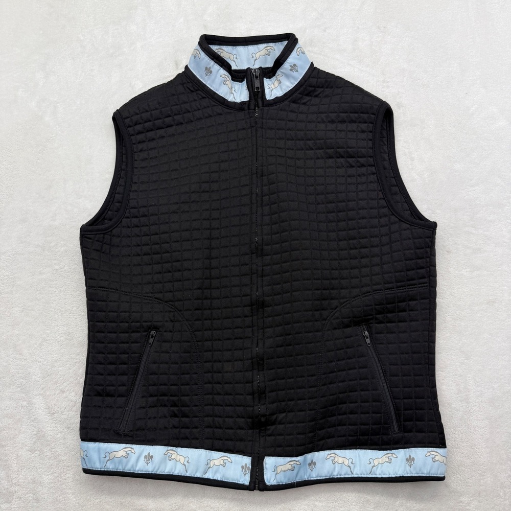 Equine Couture Womens XL Quilted Riding Vest Black Horse Print Trim Full Zip